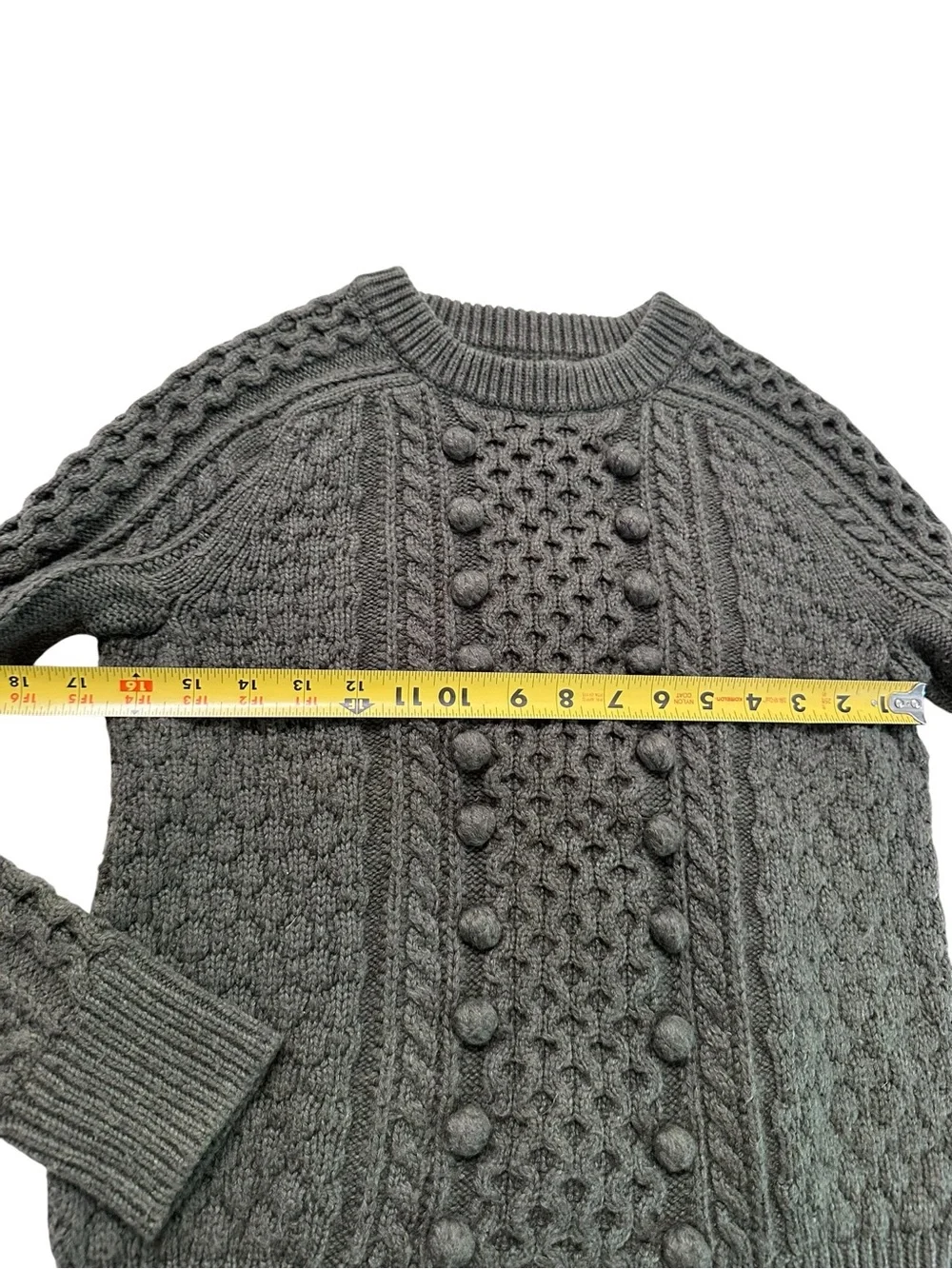 J.Crew Olive Green Cable Knit Sweater Women’s Crew Neck Pom Pom Textured Long XS
